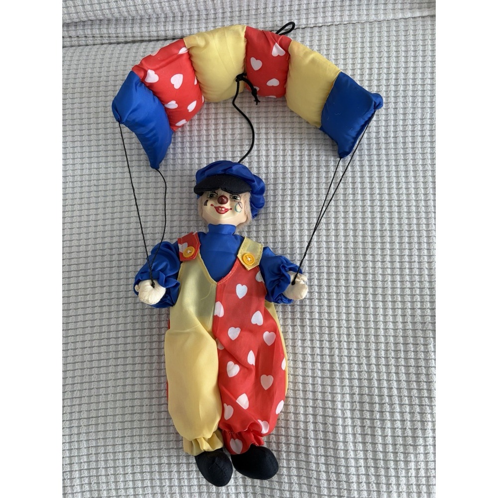 Vintage Happy Clown with Hanging Parachute Purple Yellow Red Heart Print Toy - Picture 9 of 9
